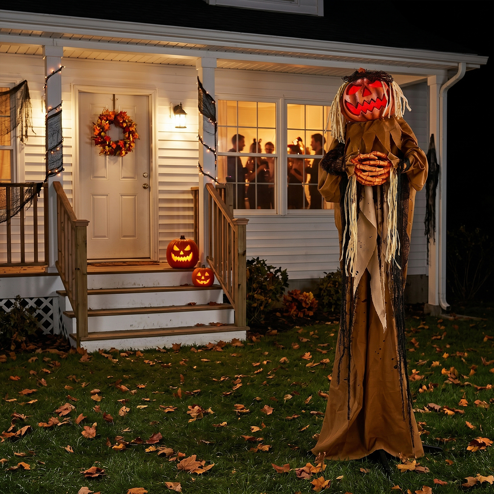 5.5ft Halloween Pumpkin Man Decoration With Red Glowing Head,Sound-Activated Head-Turning Motion & Male Voice,Battery Operated Batteries Not Included,Standing Animatronic photo 1
