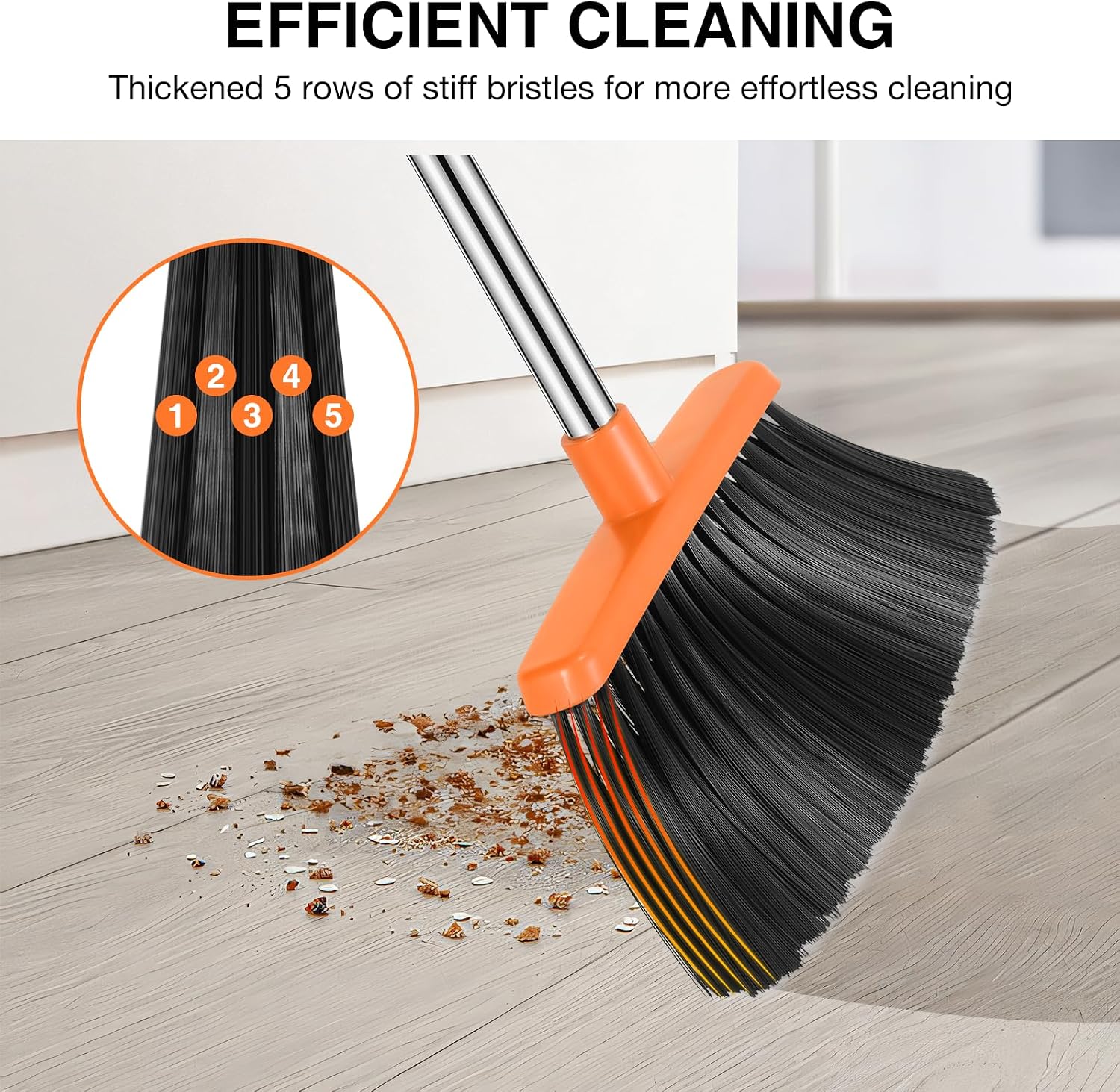 54.33-inch Long-handled, One-piece Design, Lightweight Stainless Steel Handle, Upright Dustpan With Broom Combination, Suitable For Household, Kitchen, Office And Pet Hair Cleaning Black And Orange. photo 7