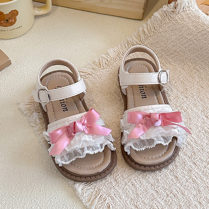 2026 Spring Summer Ins Kids Sandals, Korean Style Girls Flat Princess Shoes With Bow & Mesh Lace Trim photo 3