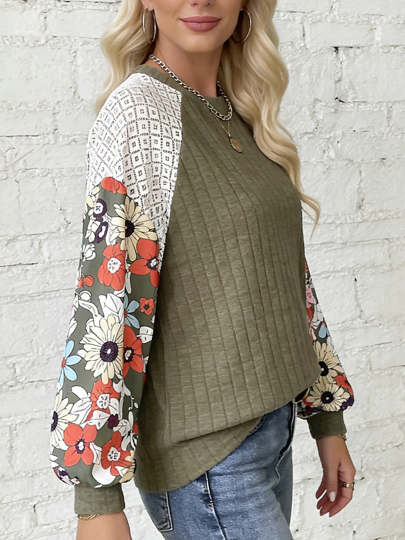 Women's Ribbed Knit Top With Floral Lace Raglan Sleeves Casual Loose Fit Crew Neck Blouse photo 5