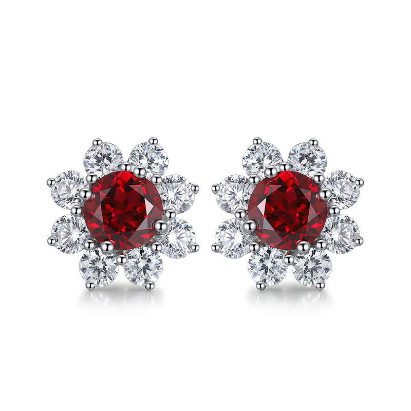 S925 Silver 4.1g Flower Lab-Created Gemstone Earrings, 6.5mm Ruby Sapphire Paraiba Spinel photo 2