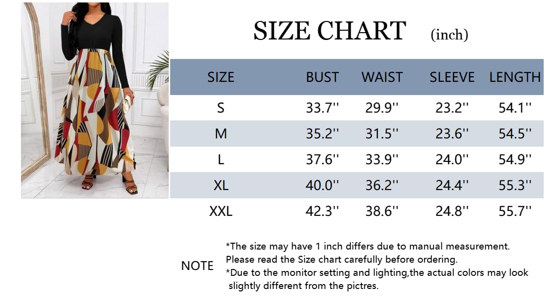Women V Neck Long Sleeve Midi Dress Color Block Geometric Print Flowy A Line Dress For Party Daily Vacation photo 2
