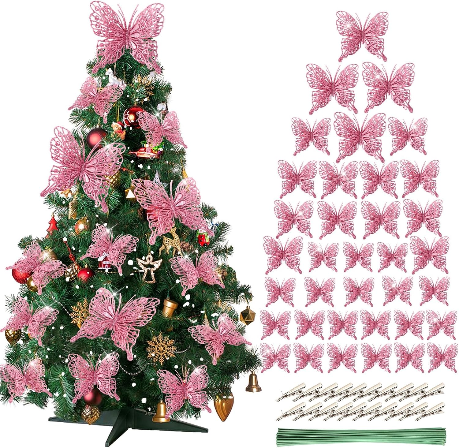 Pink Glitter Butterfly Christmas Ornaments 36 Units, 3D Hollow Out Decorations In 3 Sizes For Tree, Wedding, Wreath And Party photo 1