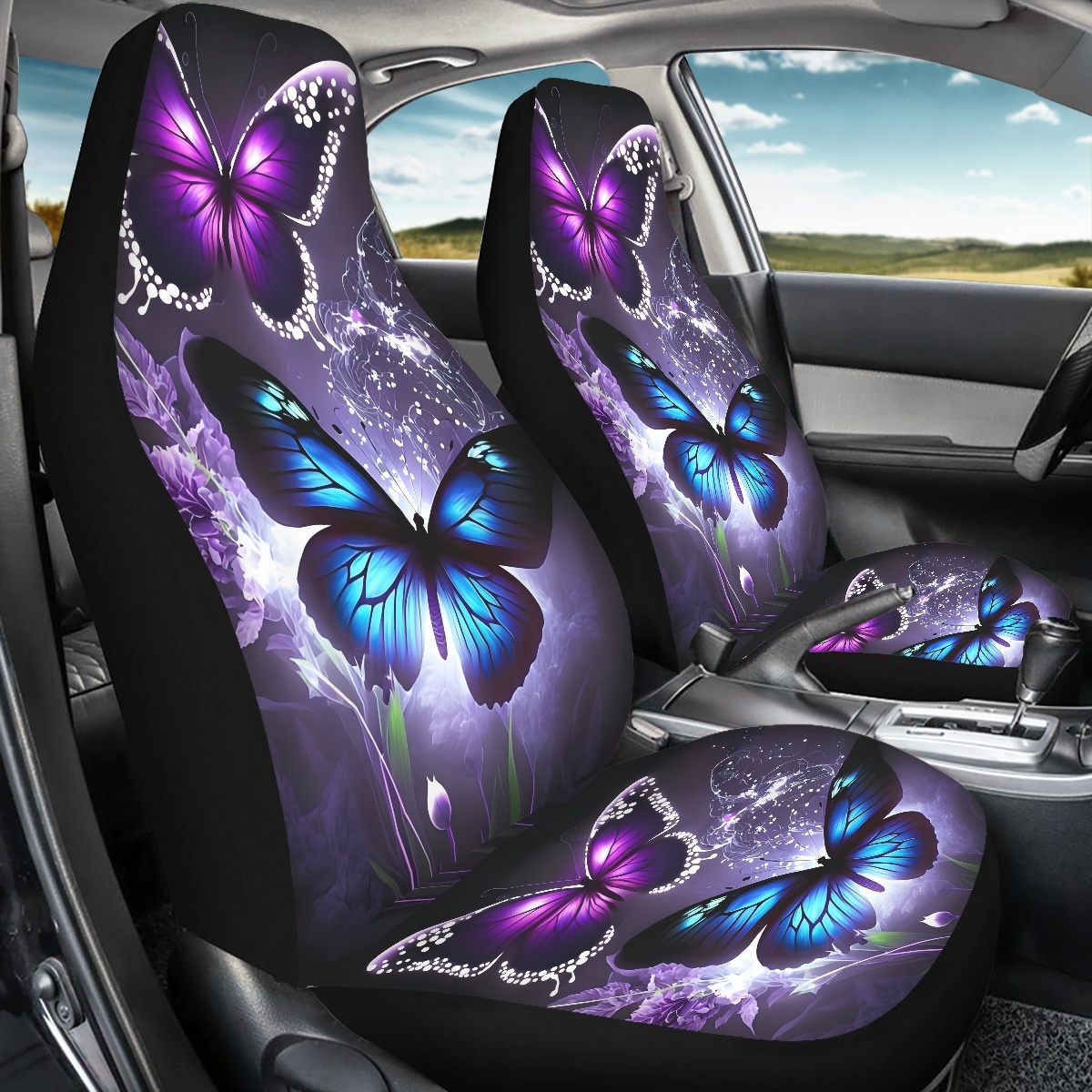 2 Front Car Seat Covers, Digitally Printed With Butterfly Patterns, Thin, Suitable For All Seasons, Fashionable Car Seat Covers photo 4