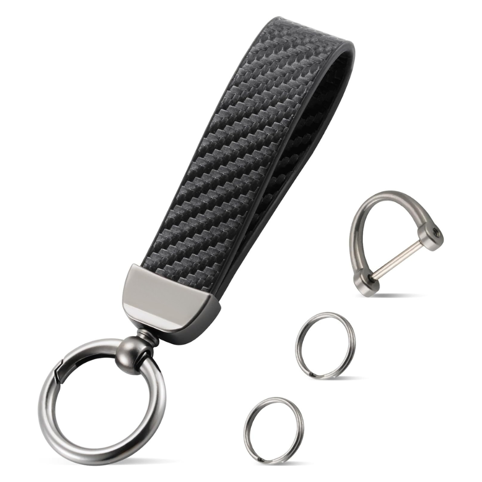 Leather Keychain, Carbon Fiber Car Key Chain With Anti-Lost D-Ring And 2 Key Ring, Keychain Wristlet, Car Accessories, Universal Keychain For Men And Women photo 1