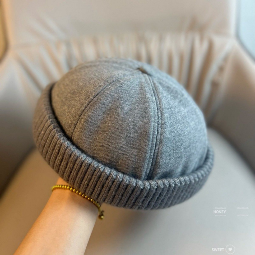 Patchwork Knitted Rolled-edge Vegetable-pulp Hat For Autumn And Winter, Made Of Cotton, With A Retro And Simple Design, Suitable For Workwear, Without A Brim, For A Lord-like Look photo 6
