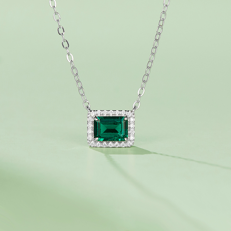 S925 Silver 2.4g 0.9ct Lab-Created Emerald Necklace, 7x5mm Halo Pendant, 40&5cm photo 2