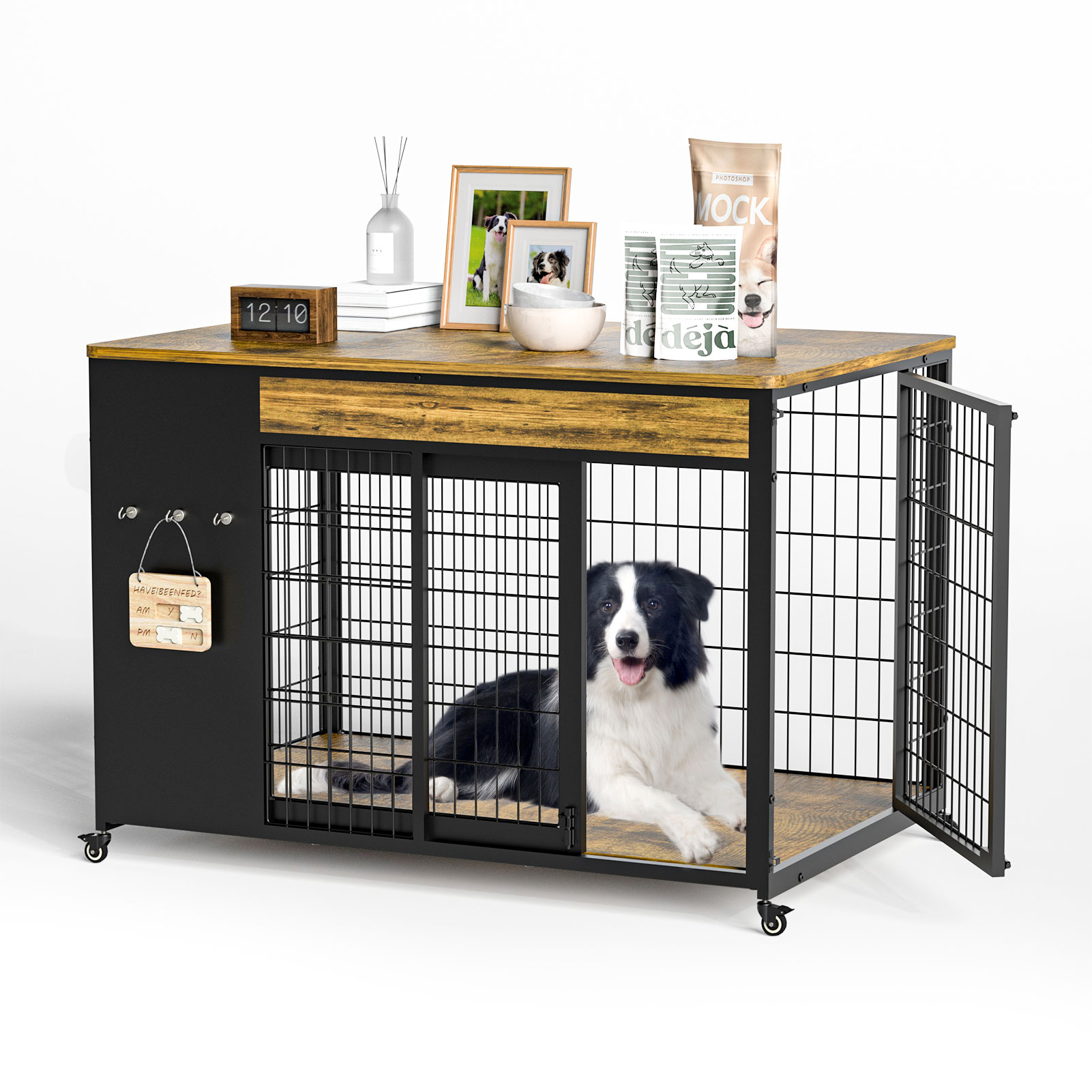 38in  Dog Crate Furniture - Dog Crate With DIY Frame, Sliding Door Indoor Kennel, Wooden Dog Cage End Table, For Medium-Large Breed, Size L photo 2