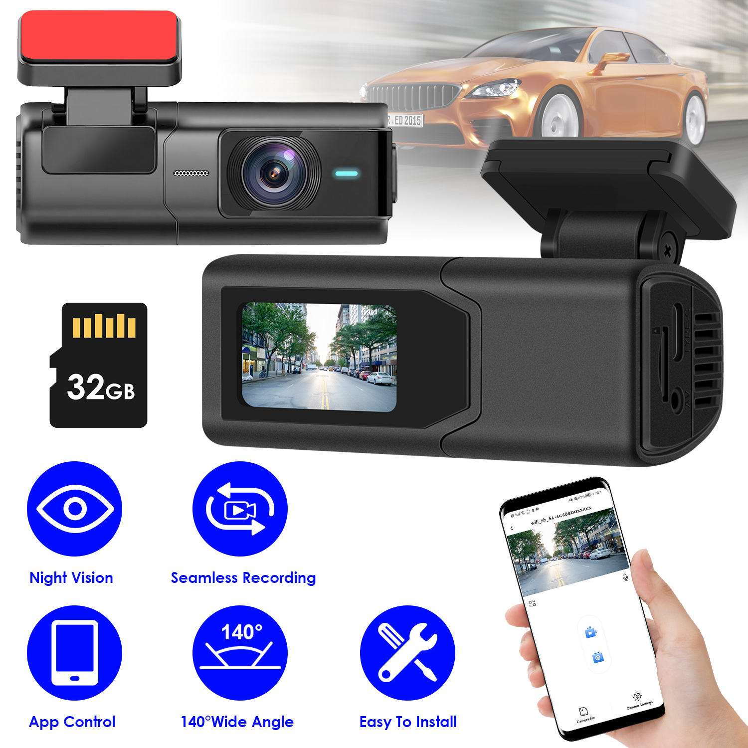 1Pc 2K HD Front Dash Cam For Car With IPS Screen Night Vision Loop Recording Included 32G Storage Card 140 Degree Wide Angle WiFi App Control Front Dashcam photo 1