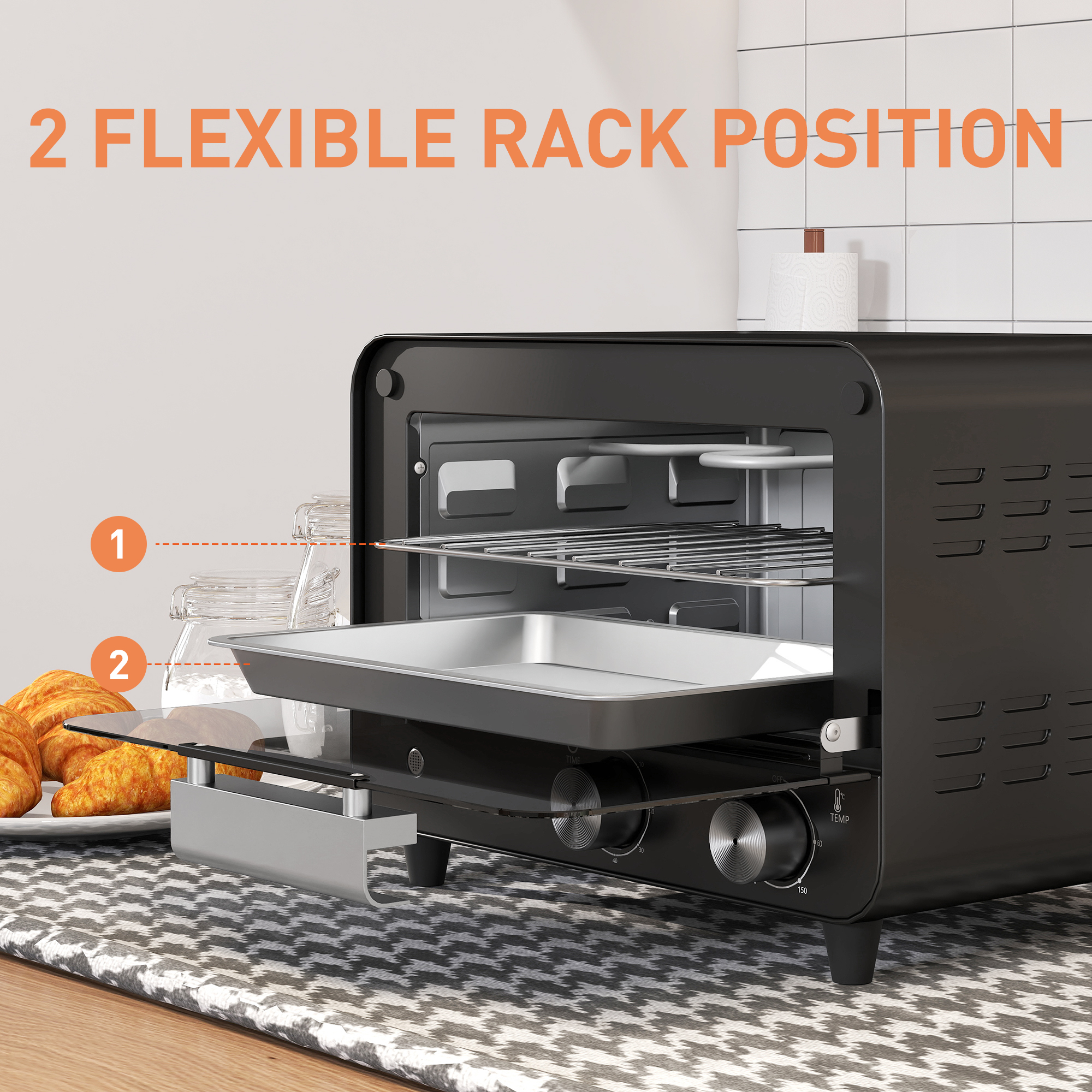 Small Toaster Oven, 12L Multifunction Mini Countertop Oven With Glass Door, Adjustable Temperature And Timer, Black photo 7