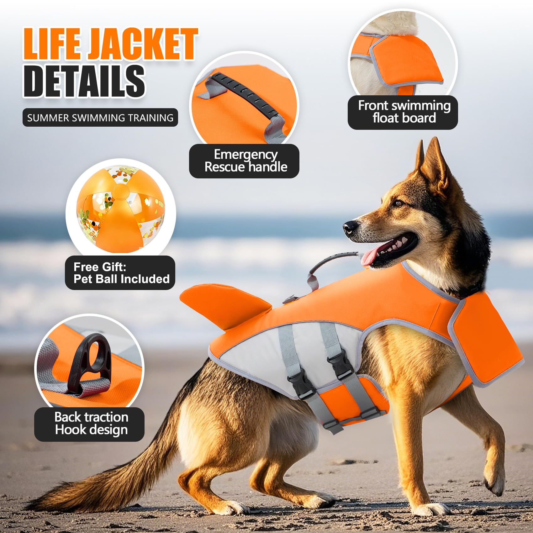 Dog Life Jacket For Small Medium Large Dogs, Shark Pet Life Vest With Rescue Handle & Adjustable Straps, Reflective Dog Flotation Vest For Swimming, Boating, Beach photo 2
