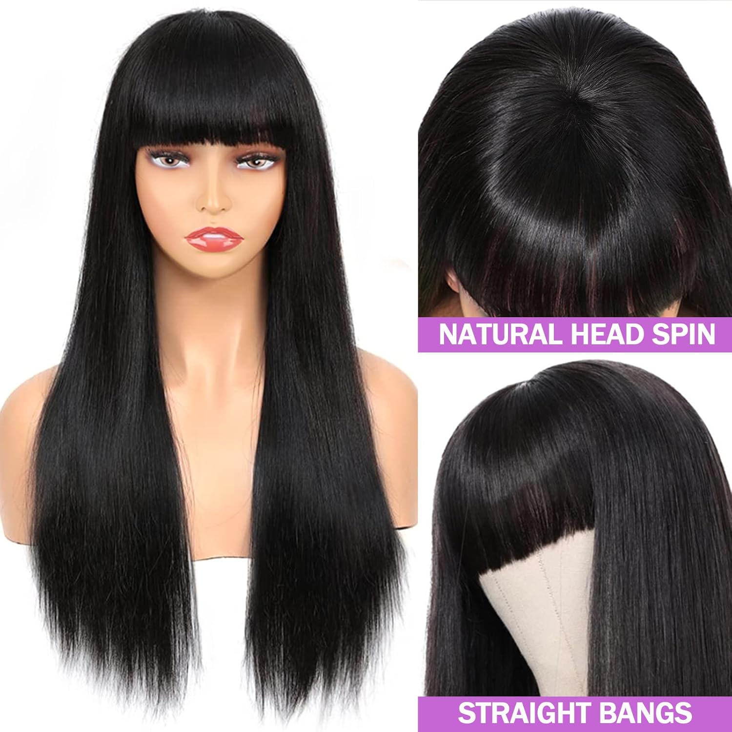 Machine-made Straight Human Hair Wig With Bangs, Natural Color, Density. photo 4