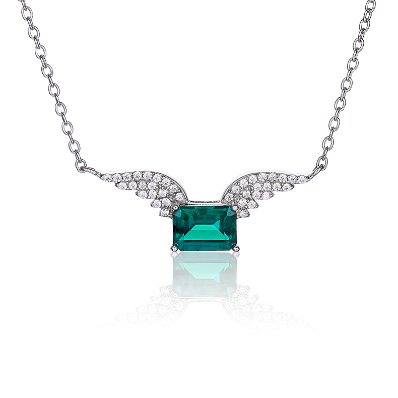 S925 Silver 3g Platinum Plated 0.9ct Lab-Created Emerald Necklace, 7x5mm Angel Wings Pendant, 40&5cm photo 1