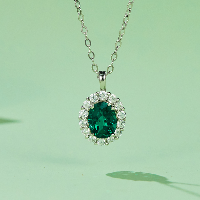 S925 Silver 2.9g 1ct Lab-Created Emerald Halo Necklace, 40&5cm Adjustable photo 3