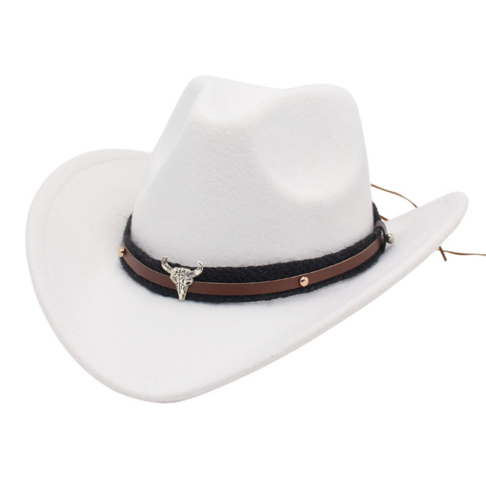Retro American Western Cowboy Hat - Silver Bull Head Wide Brim Felt Hat  Knitted Headband, Suitable For Outdoor Riding, Traveling And Photography photo 2