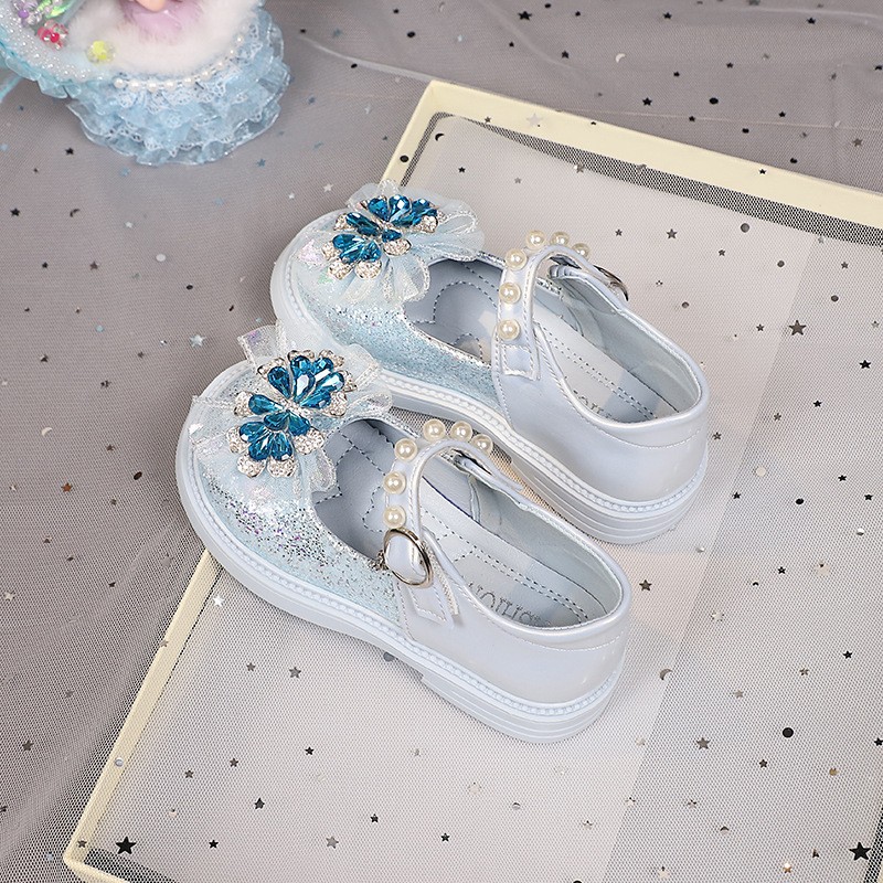 2026 Spring & Autumn New Girls Light-Up Princess Leather Shoes, Elsa Crystal Soft Sole Flat Shoes, Little Girls Pearl Decor Single Shoes photo 3