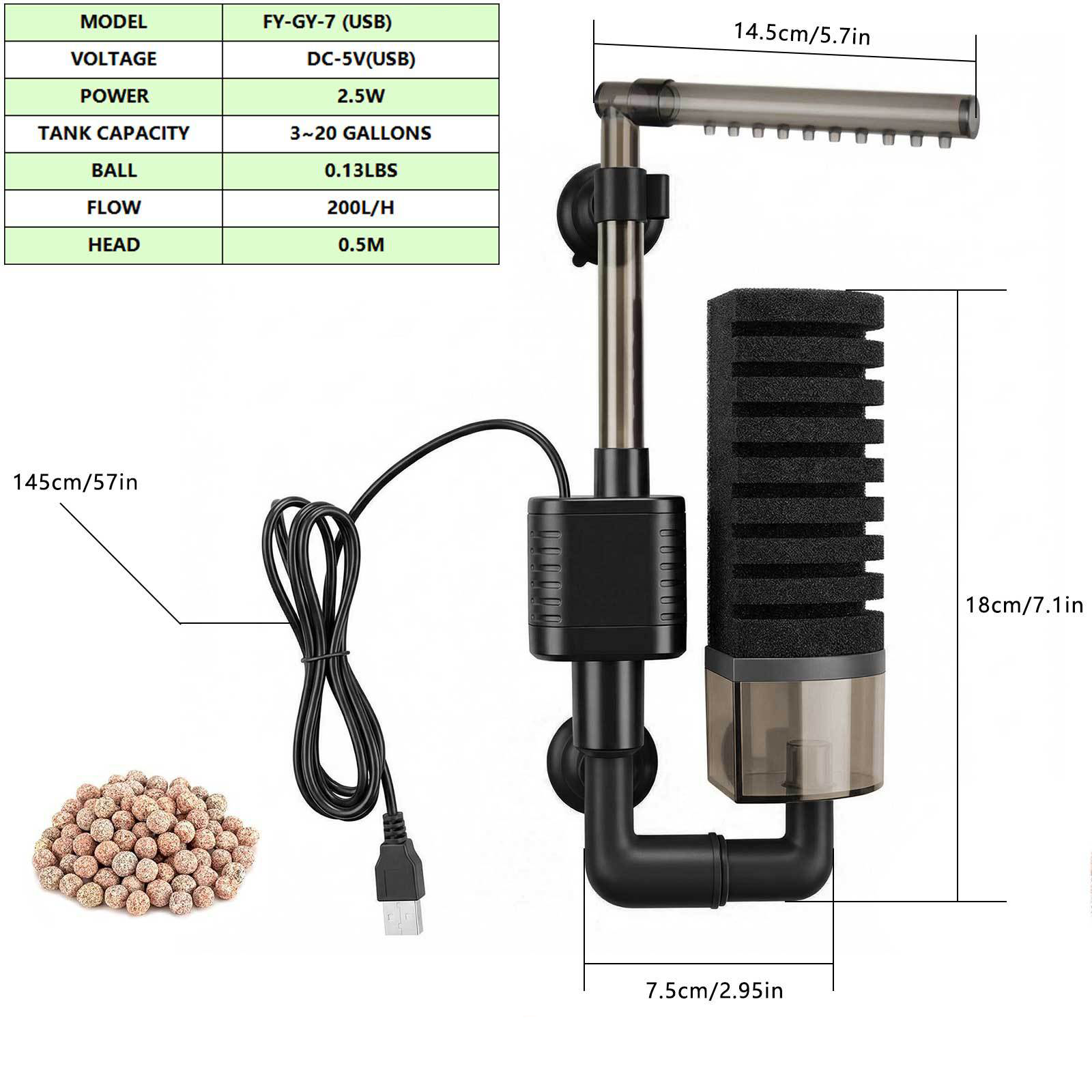 Aquarium USB Filter Sponge Fish Tank Quiet Bubble Filter With 1 Bag Of Filtered Ceramic Balls For Salt Water And Fresh Water photo 2