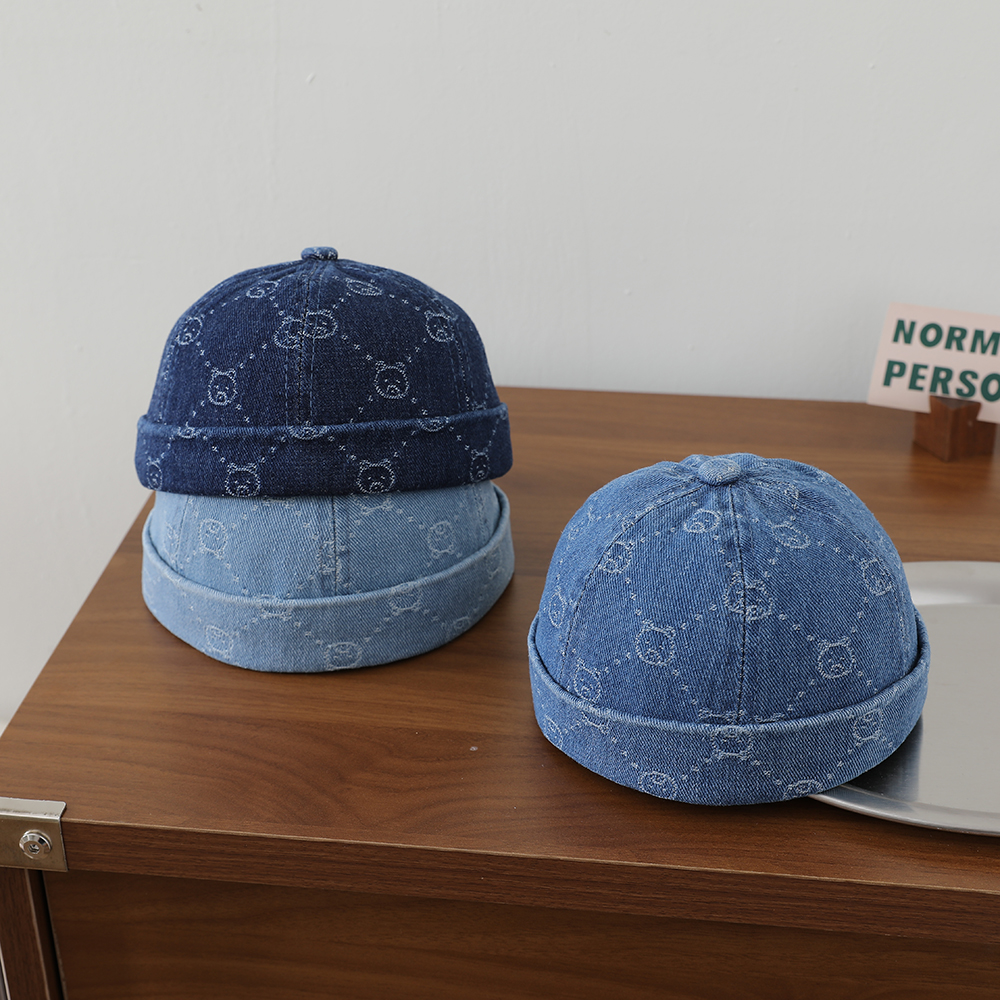 Full-pattern Jacquard Teddy Bear Children's Denim Cowboy Hat, Washed And Distressed Rolled Brim Straw Hat, Outdoor Travel Hat photo 1