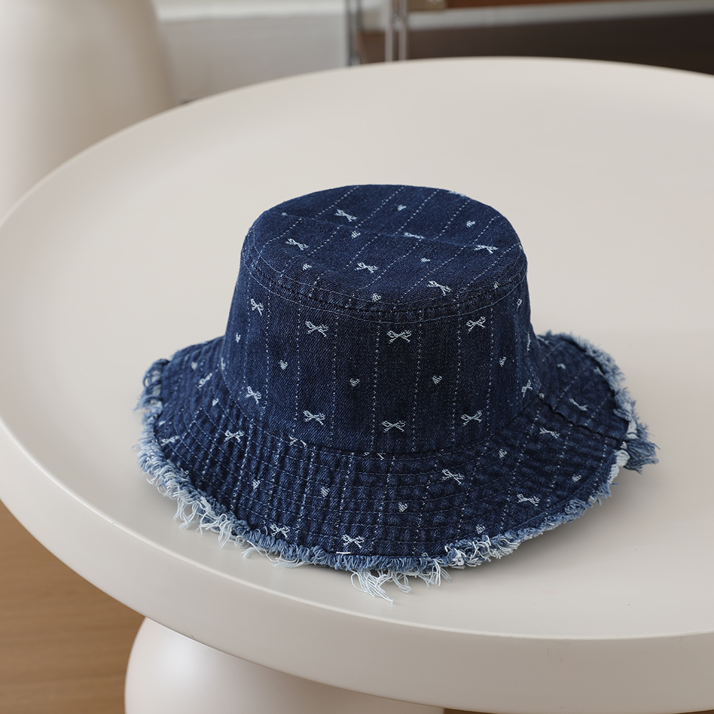 Full-printed Bow-shaped Heart Children's Denim Fisherman Hat, Washed And Distressed Fringed Bucket Hat For Outdoor Travel photo 1