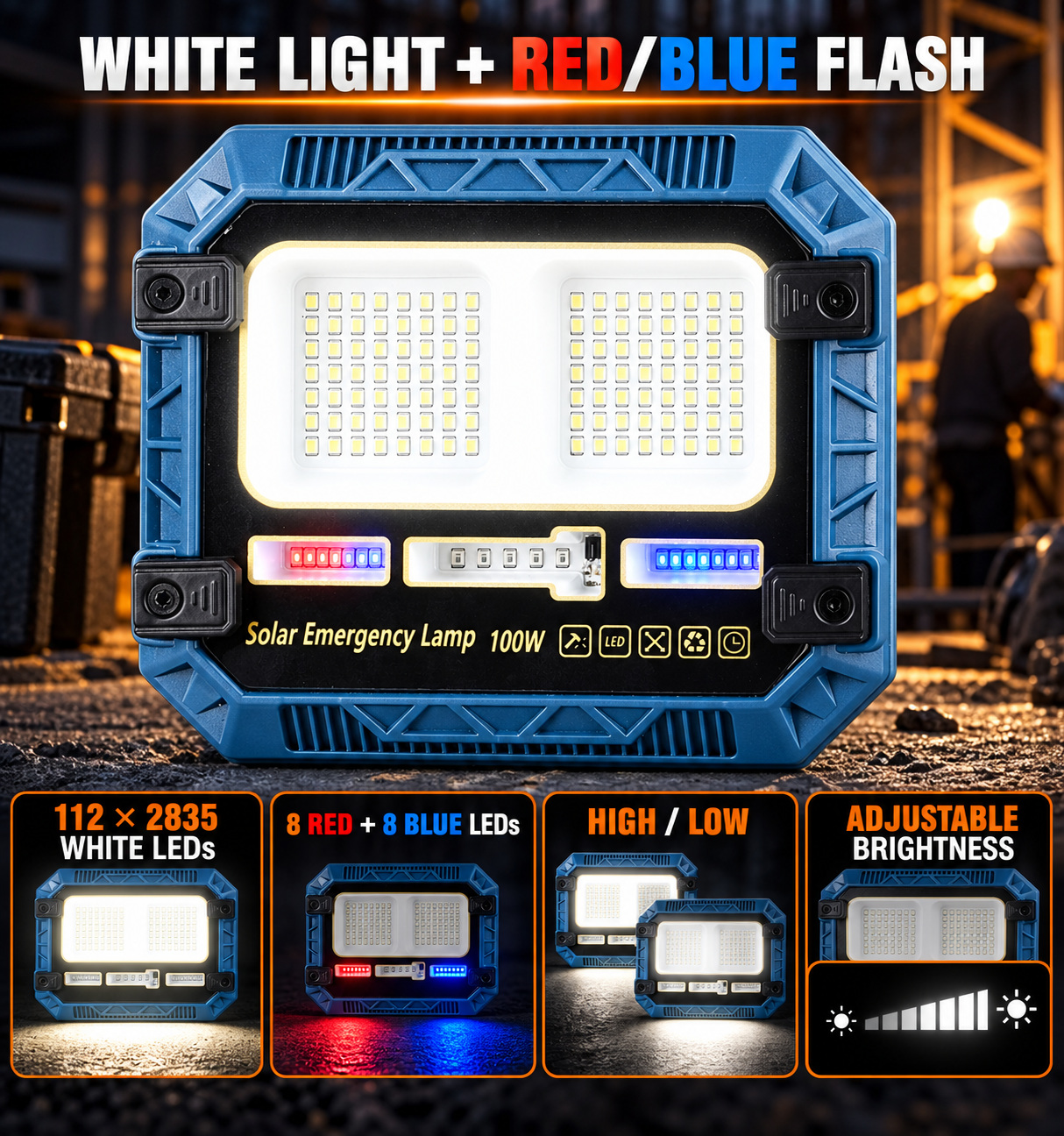 Solar Powered Rechargeable Battery Display 18650 W8113 1 Remote Control LED Flood Light Red Blue photo 3
