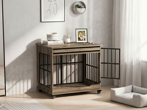 32in  Dog Crate Furniture, Double Door Wooden Indoor Dog Kennel Furniture, Decorative Pet Cage End Table With Wheels For Medium And Small Breed Dogs, Size M, Greige photo 2