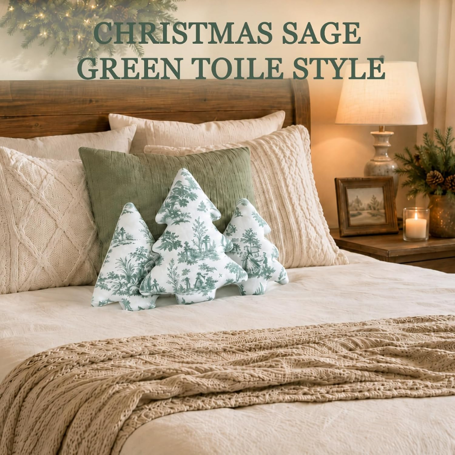 3 Pcs Sage Green Toile Christmas Tree Pillows Vintage Cushion Decor photo 2