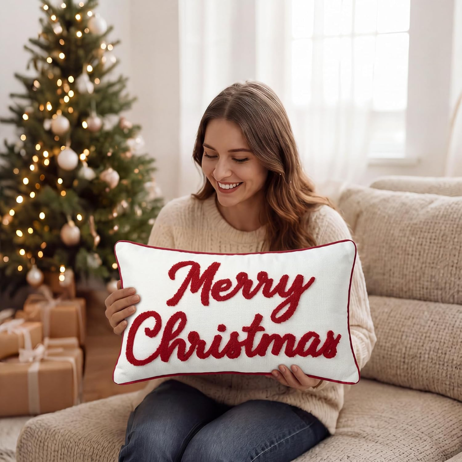 Merry Christmas Embroidered Throw Pillow Cover, Holiday Lumbar Cushion Case For Sofa Couch photo 4