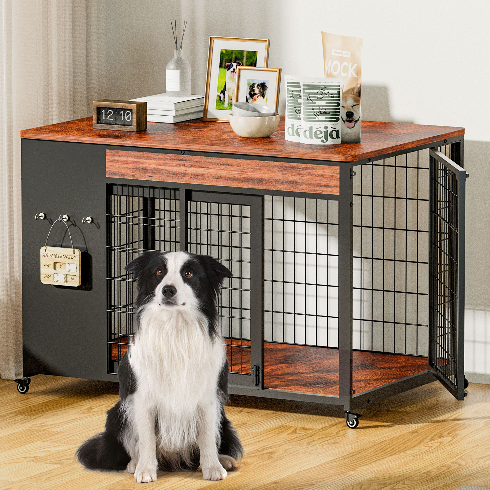 38in  Dog Crate Furniture - Dog Crate With DIY Frame, Sliding Door Indoor Kennel, Wooden Dog Cage End Table, For Medium-Large Breed, Size L photo 4