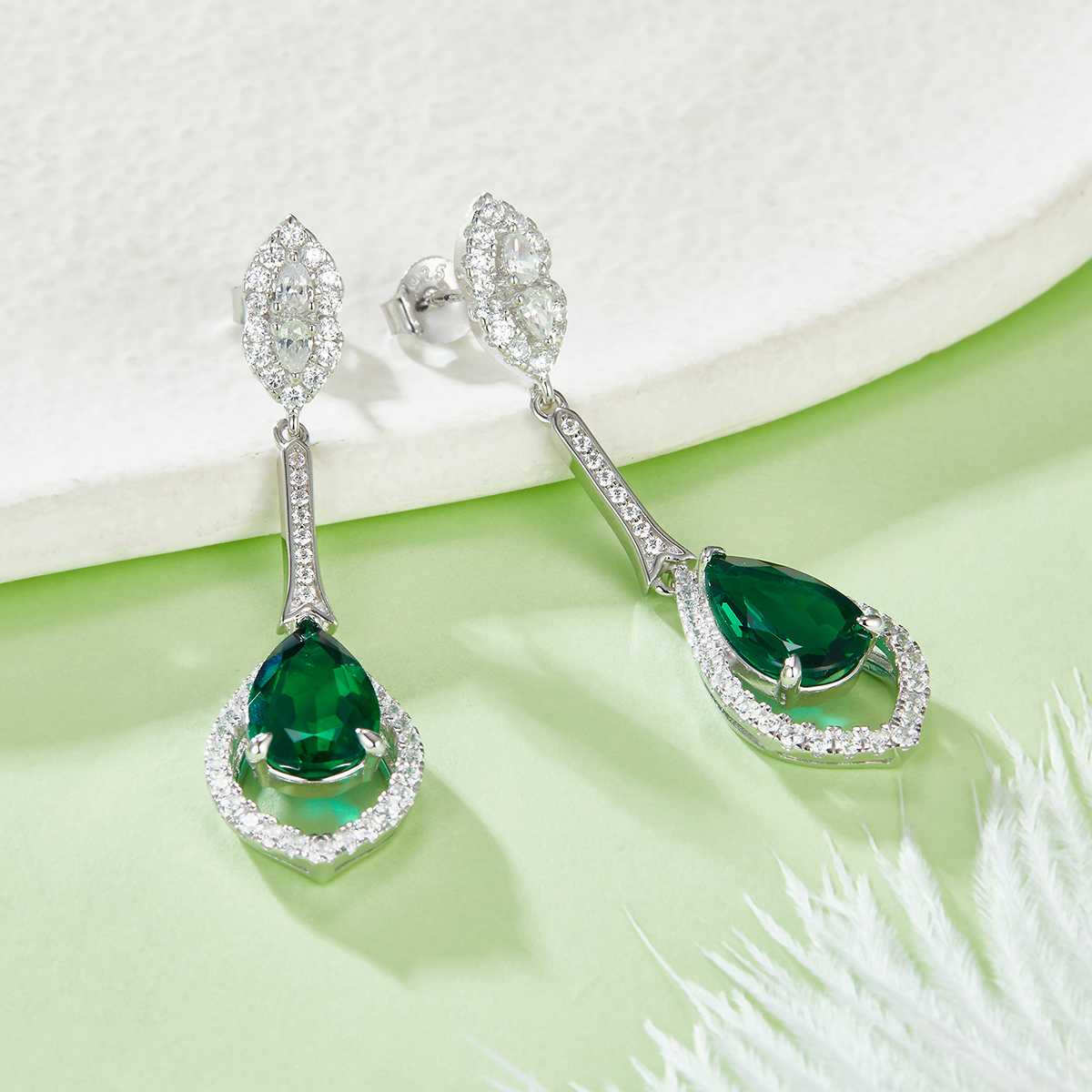 S925 Silver 5.6g Lab-Created Emerald Drop Earrings, 3.4ct 11x7mm Pair photo 2