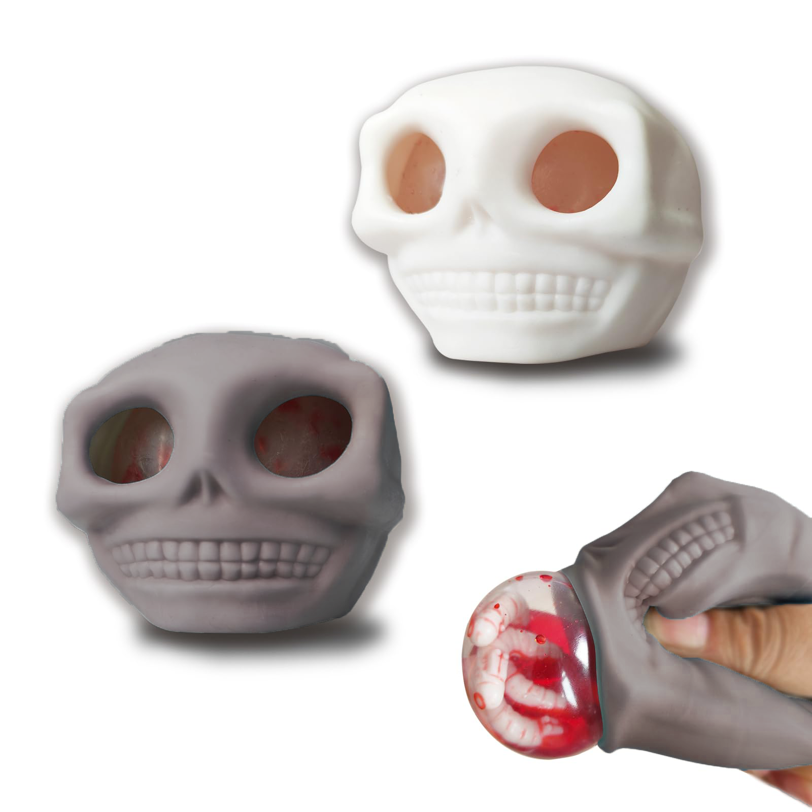 Adult Halloween Stress Balls - Squeeze Skull Toys With Blood And Maggots, Fidget Toys, Halloween Prank photo 1