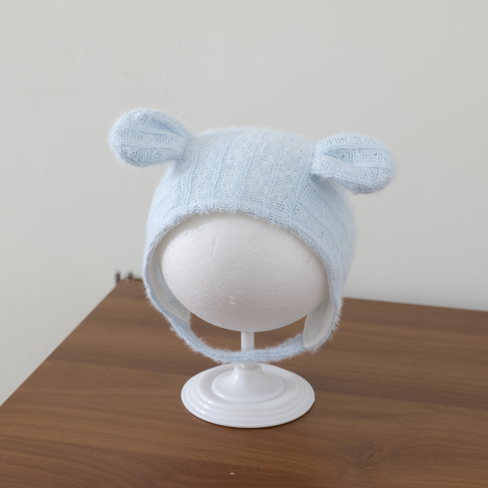 Winter Autumn Pure Color Knitted Three-dimensional Ear Protection Hat With Soft And Fluffy Fabric And Lace Straps photo 2