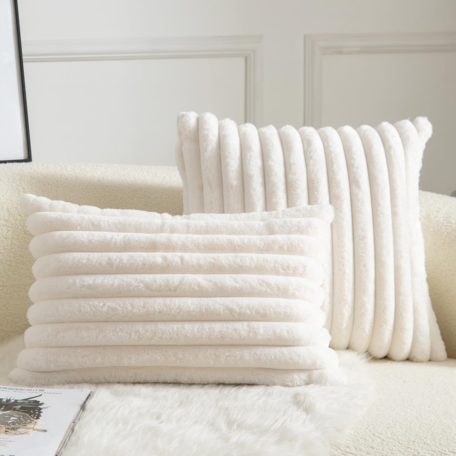 Cream Faux Fur Throw Pillow Covers 2 Units, Striped Plush Cushion Cases 12x20 Inch For Bedroom Living Room Sofa Decor photo 3