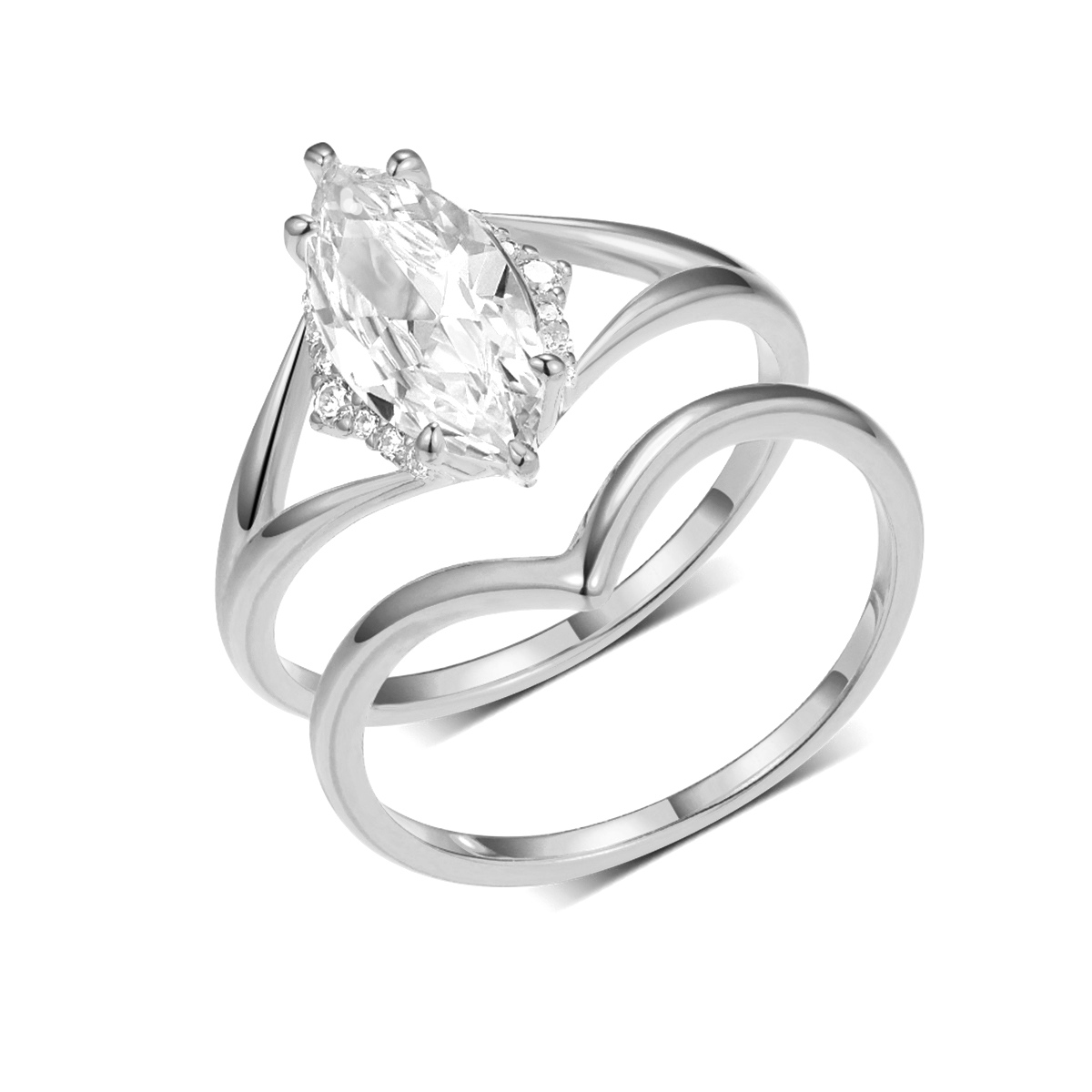 S925 Silver 3.9g Marquise Moissanite Ring Set, 6x12mm D VVS1 V-Shape Curved Band, GRA Certified US 6-9 Gift Box photo 1