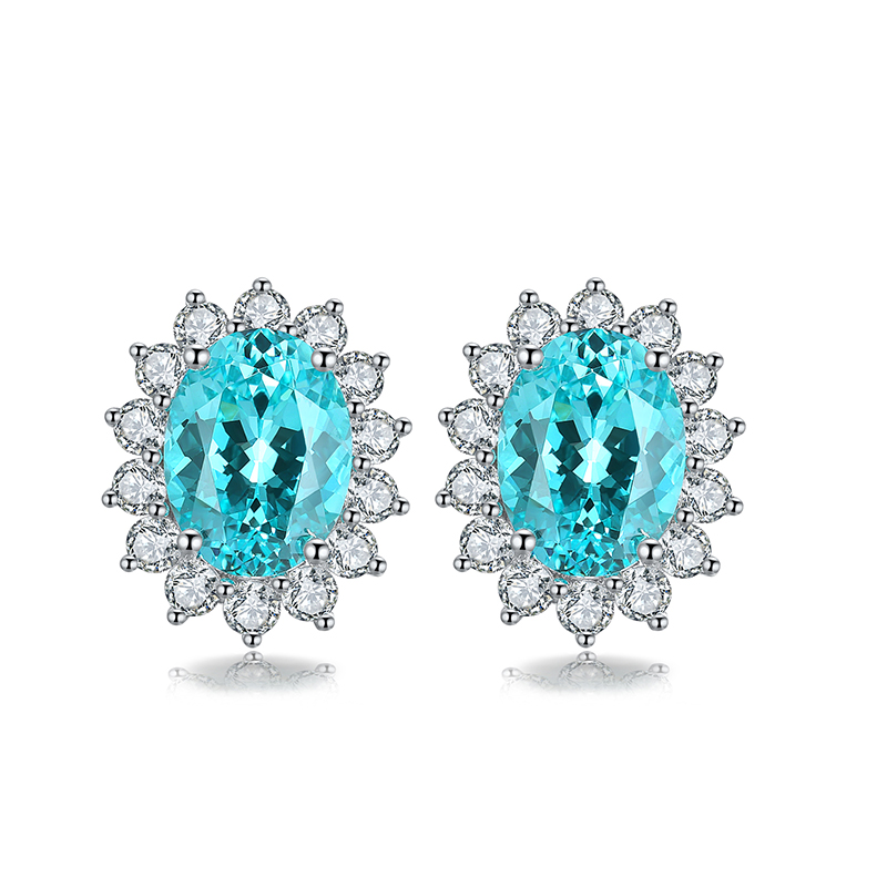 S925 Silver 3.1g Lab-Created Ruby Sapphire Emerald Paraiba Earrings, 8x6mm Halo, 4 Colors photo 5