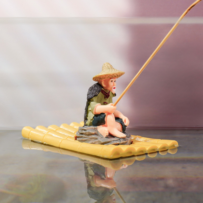 2-in-1 Floating Aquarium Decor, Interactive Floating Fish Tank Fisherman Decorations On PVC Bamboo Raft With Stable EVA Pad Buoyancy For Guppy, Small Schooling Species, Paludarium And Zen Pond photo 2