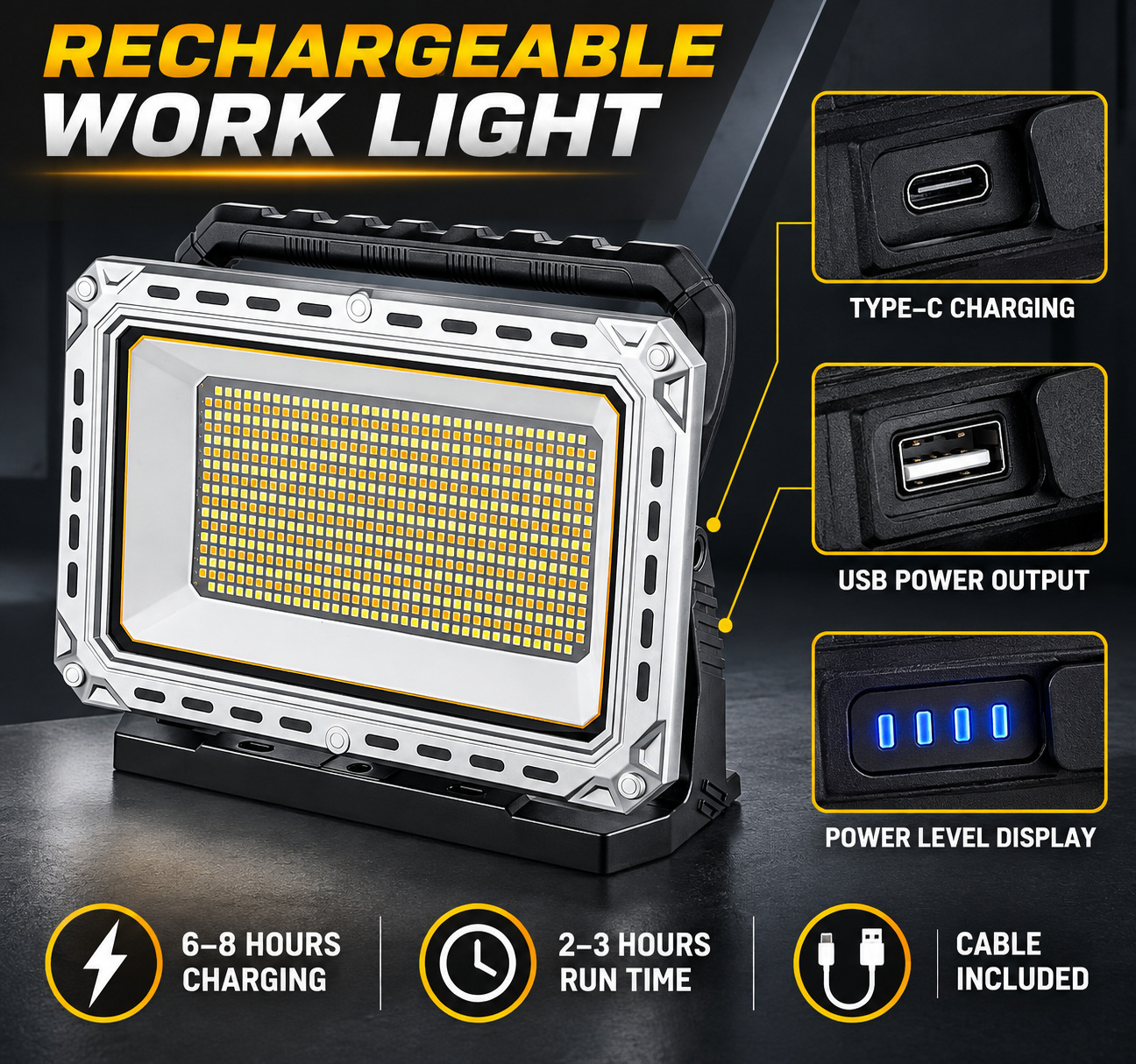 Rechargeable Battery Display Type C LED Work Light For W8141 1 4100LM Adjustable Stand Flood photo 7
