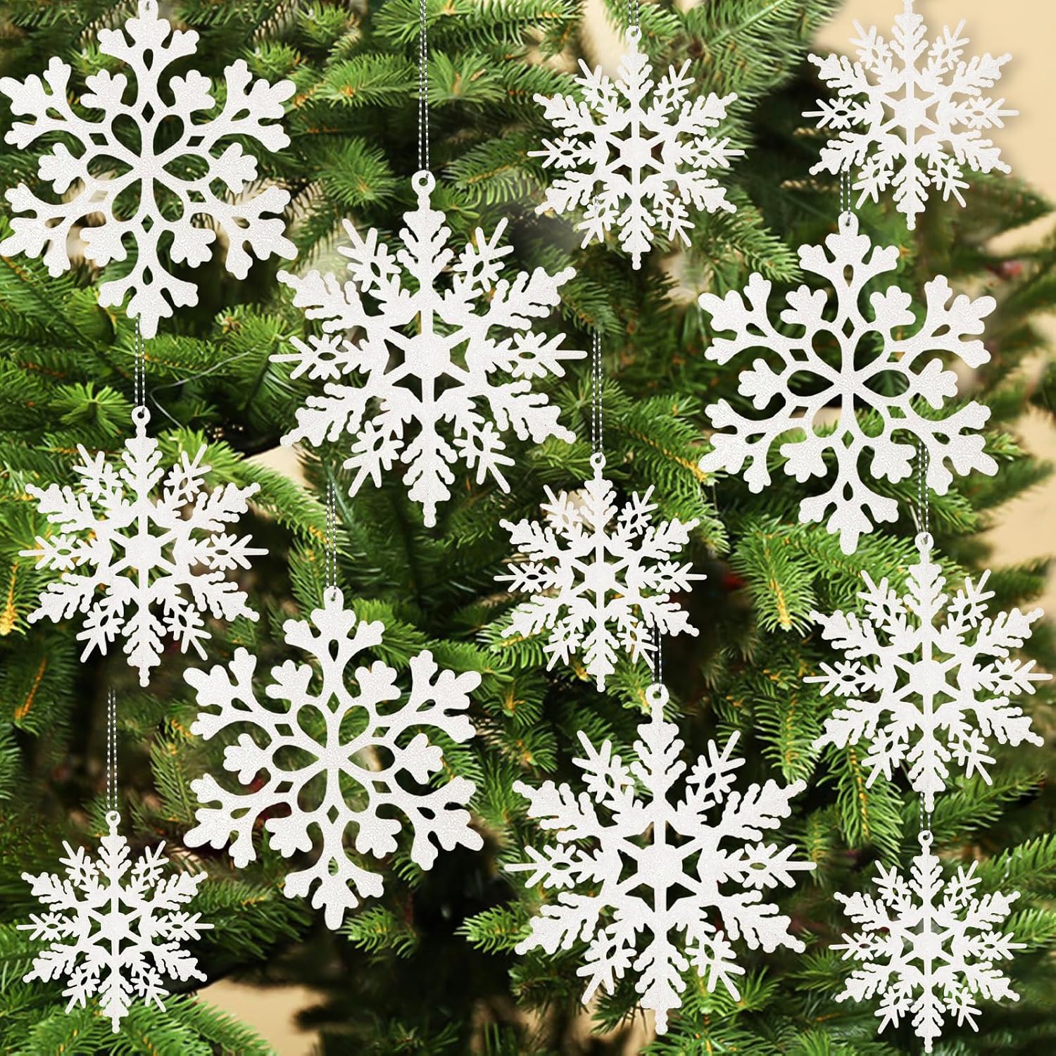 White Snowflake Christmas Ornaments 36 Units, Glitter Plastic Snowflake Decorations For Christmas Tree And Winter Decor photo 1