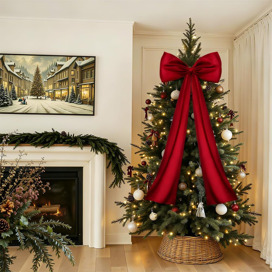 Large Wine Red Satin Christmas Tree Topper Bow, Elegant Holiday Decor photo 3