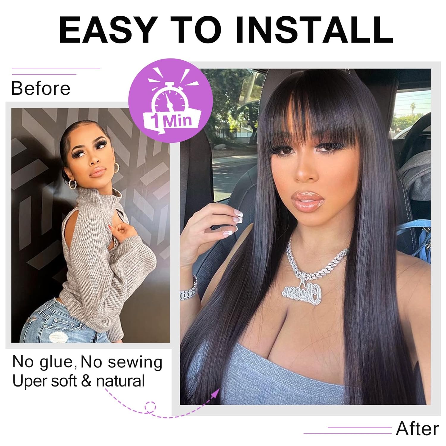 Machine-made Straight Human Hair Wig With Bangs, Natural Color, Density. photo 5