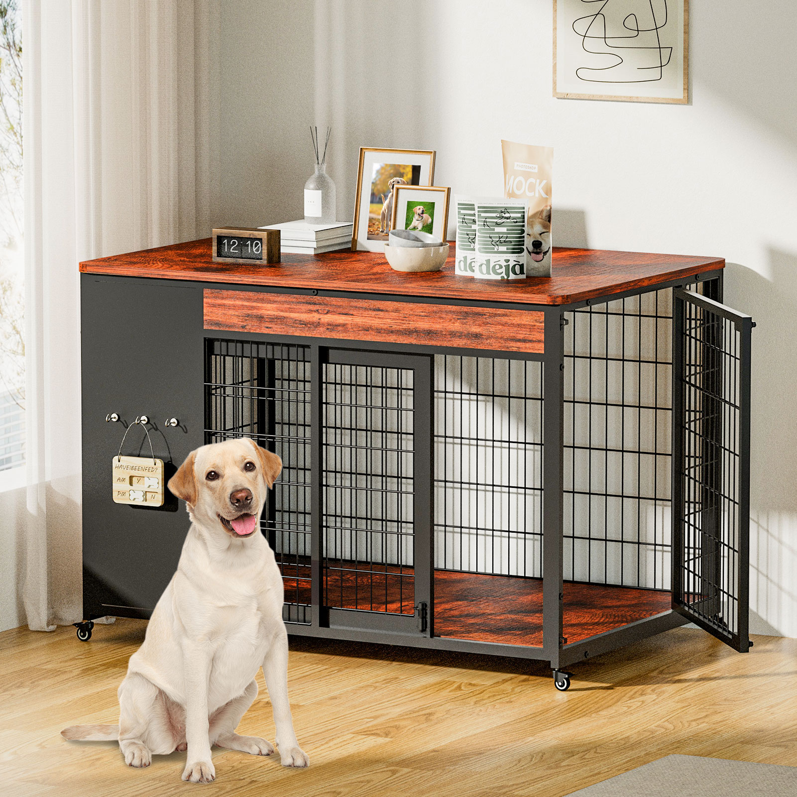 42-Inch Double Wide Wooden Double-Door Dog Crate Side Table Combo - Heavy-Duty DIY Assembly, Chew-Resistant Construction, Indoor Living Room Functional Home Decor Furniture For Large Breeds photo 4