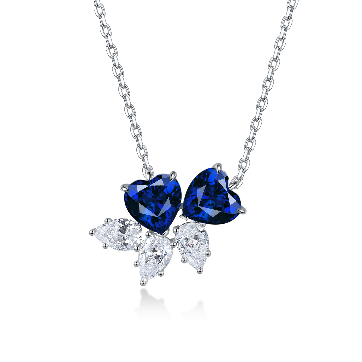 S925 Silver 4.1g Double Heart Lab-Created Gemstone Necklace, 7mm Pendant, 4 Colors, 40&5cm photo 3