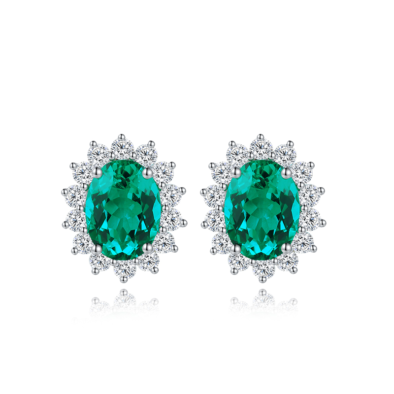 S925 Silver 3.1g Lab-Created Ruby Sapphire Emerald Paraiba Earrings, 8x6mm Halo, 4 Colors photo 4