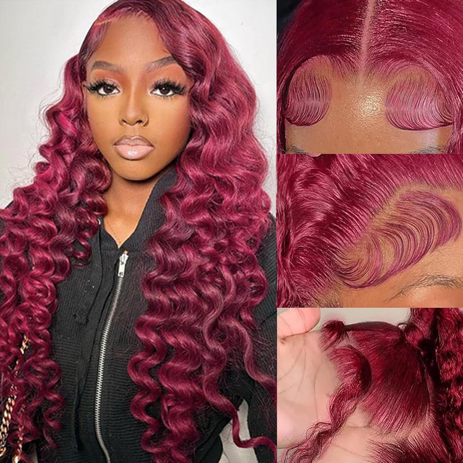 13x4 Lace Front Loose Wave Human Hair Wig Burgundy Red Density photo 1
