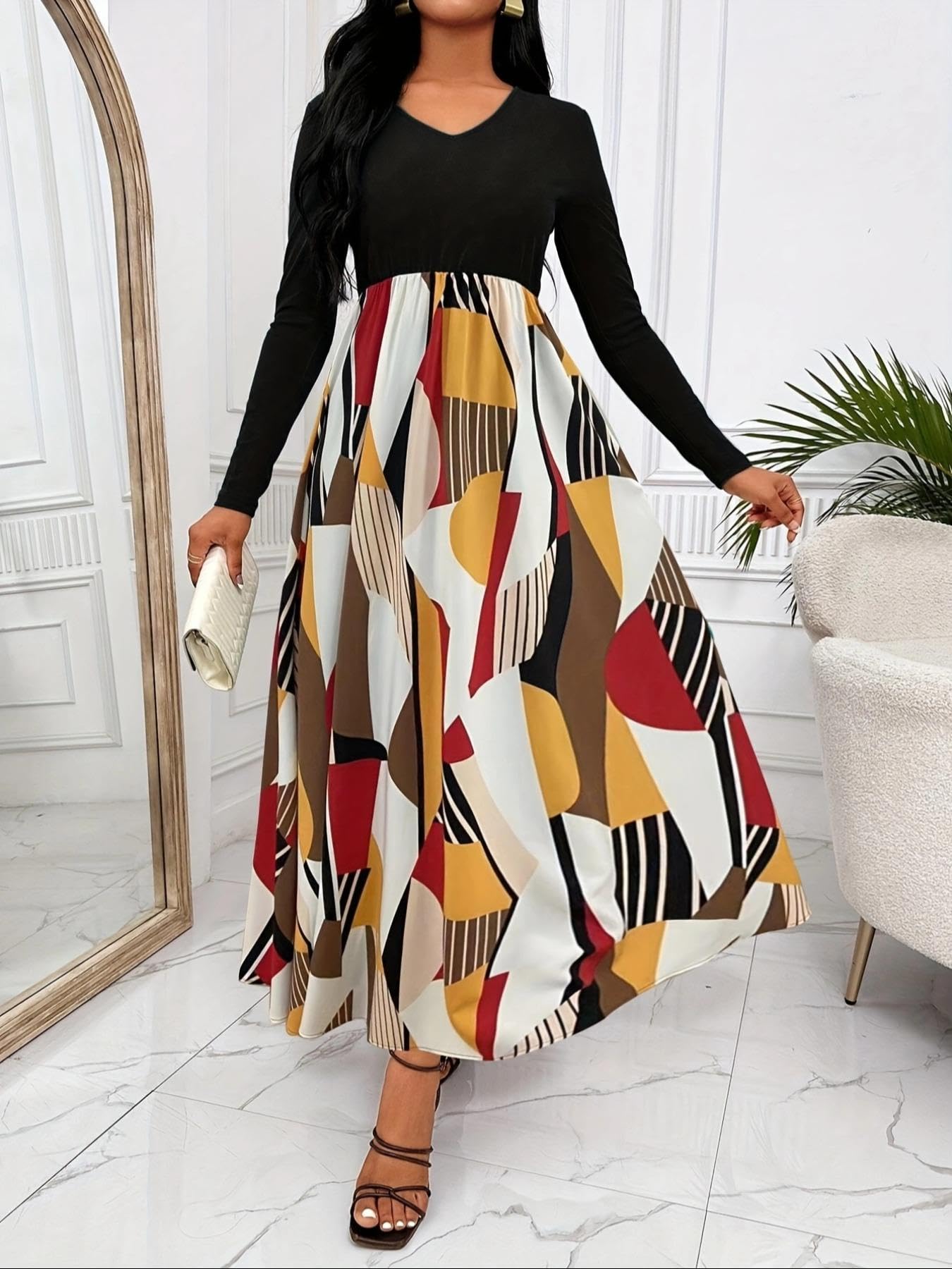 Women V Neck Long Sleeve Midi Dress Color Block Geometric Print Flowy A Line Dress For Party Daily Vacation photo 1