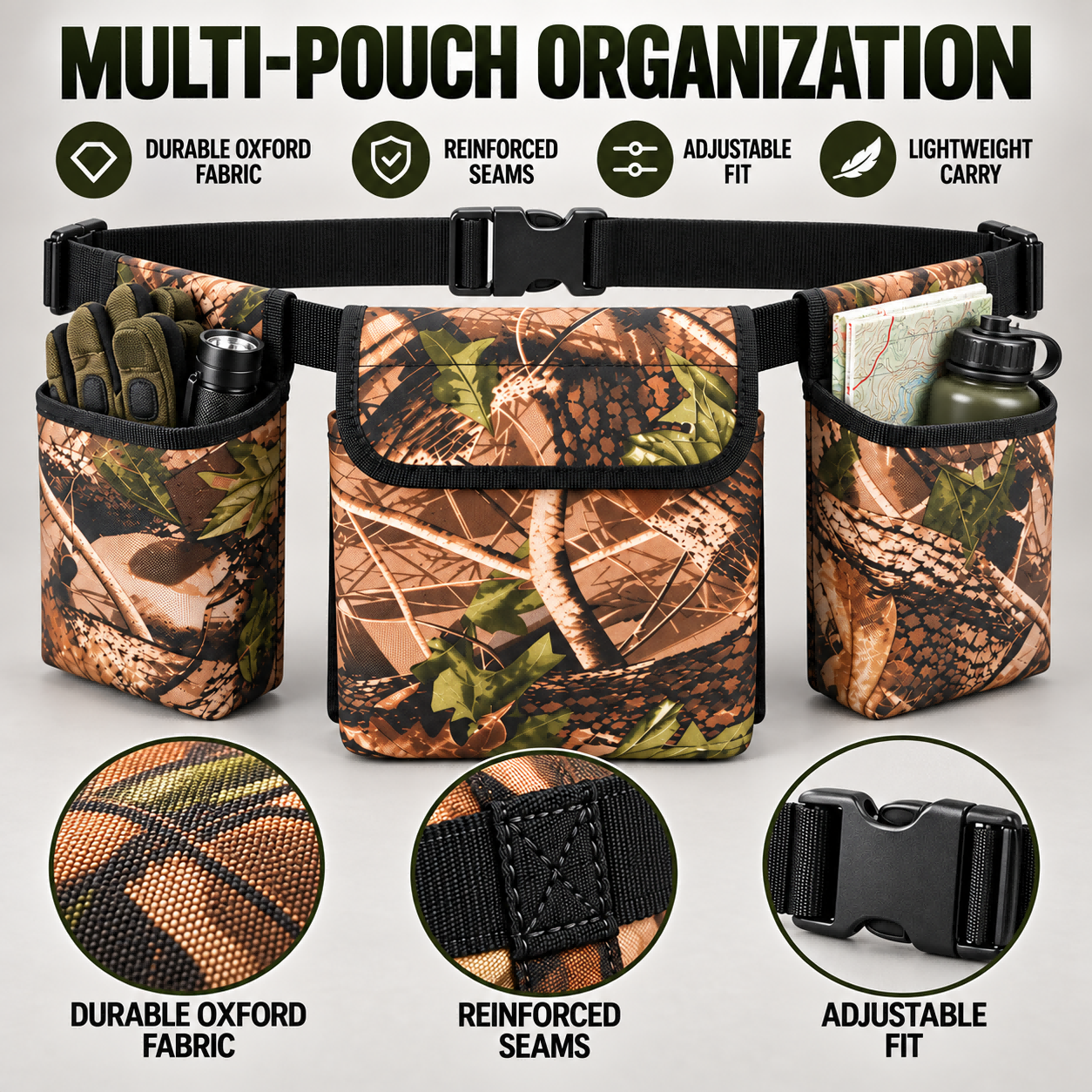 LINK Camo 900D PVC Nylon Multi-Pouch Field Waist Bag Adjustable Quick-Release Buckle Durable Breathable Portable Outdoor Hunting photo 3