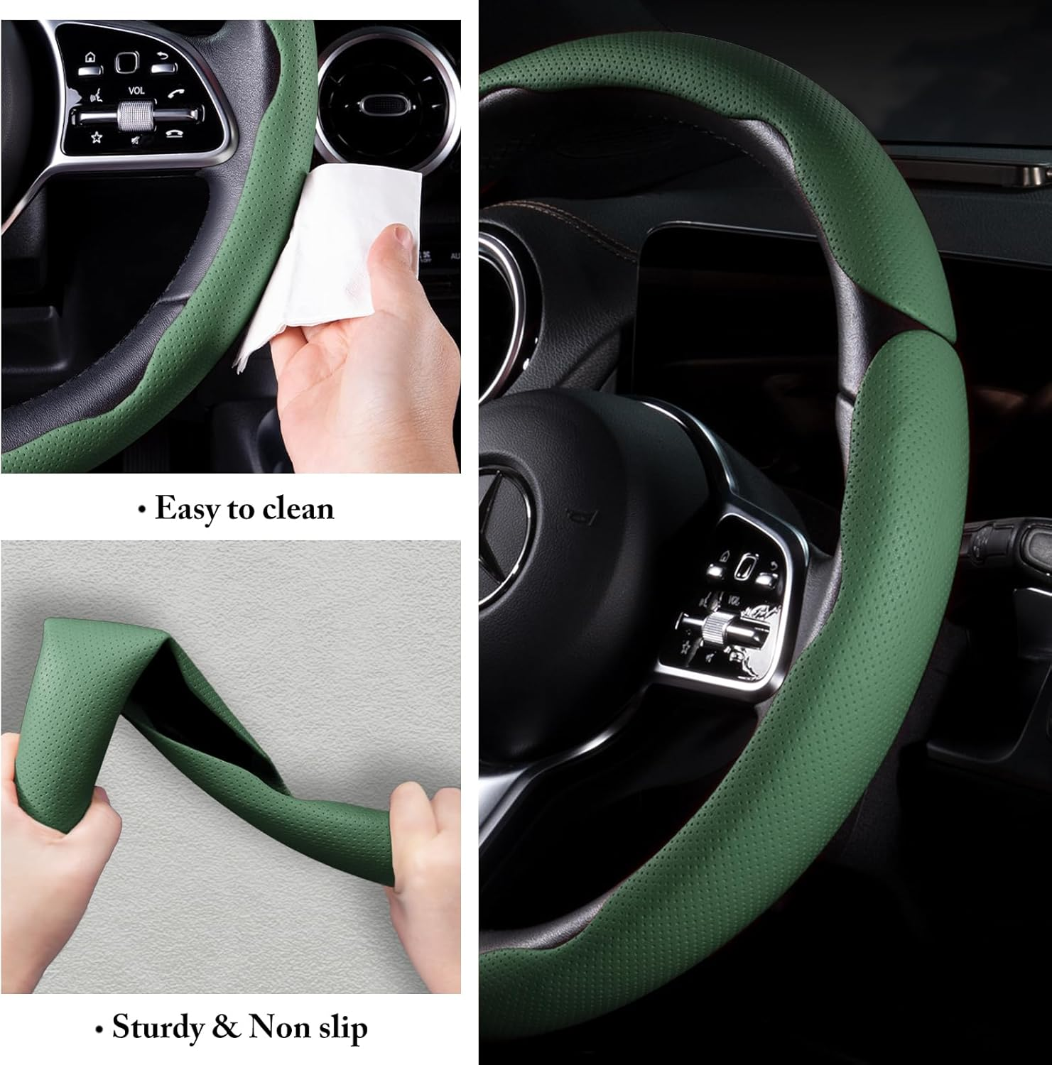 Car Steering Wheel Cover - Leather Snap-on Three-piece Set - Anti-slip Protection Cover - Steering Wheel Control Accessory - Universal Model - Dark Green photo 5