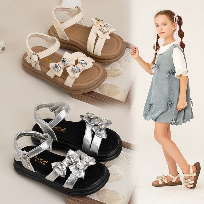 2026 Summer New Ins Fashion Girls Open-Toe Beach Sandals, Bow Decor Cool Princess Style Kids Sandals photo 1