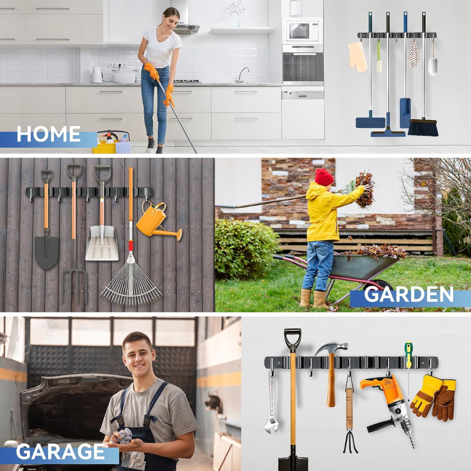 2 Pack Mop Broom Holder Wall Mount 4 Racks 5 Hooks Storage Black photo 5