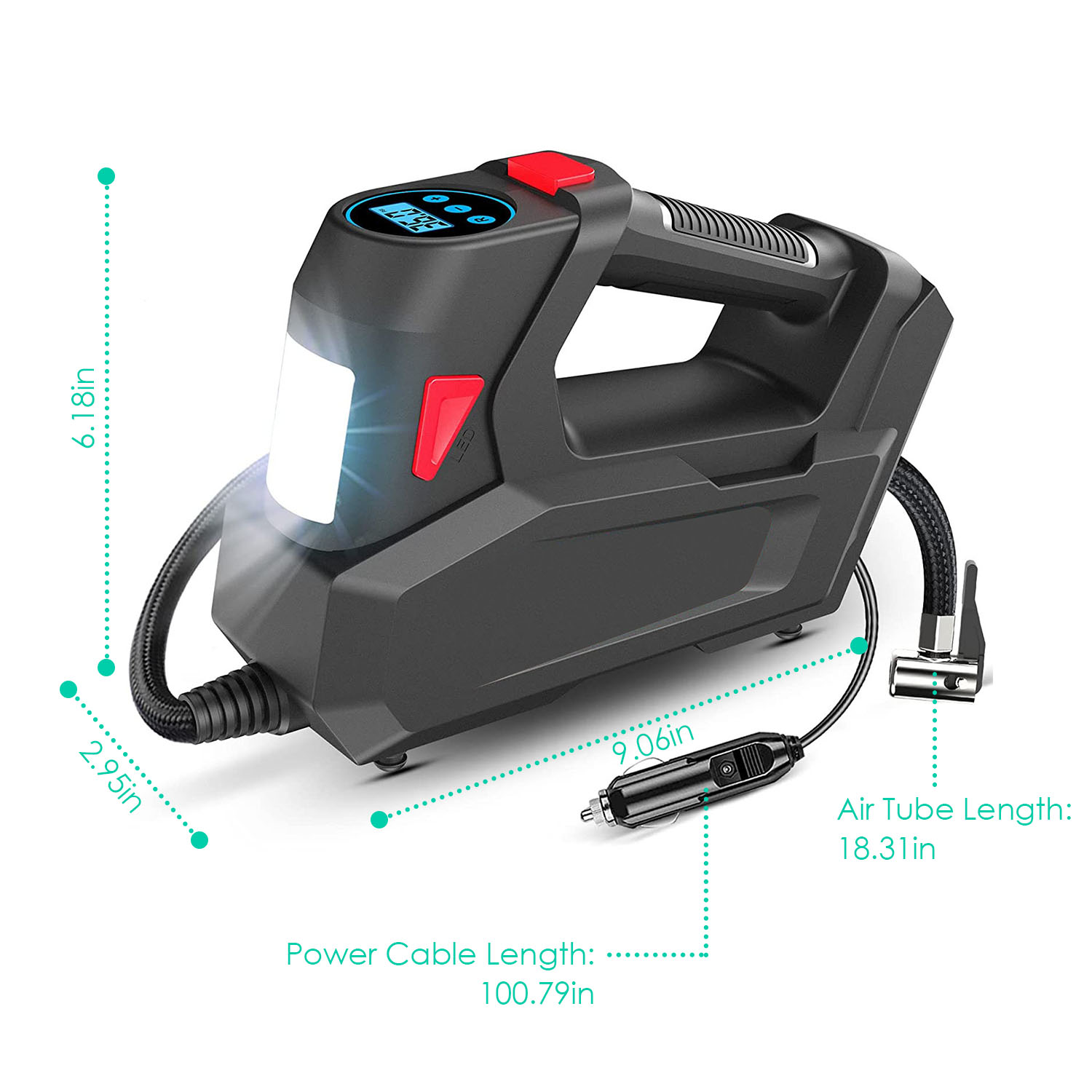 1Pc Portable Tire Inflator 120 PSI Maximum 90W Powered Tire Inflator With Digital Display LED Light Inflatable Nozzle Needle Fuse Air Compressor For Bikes Motorbikes Car Balls photo 2