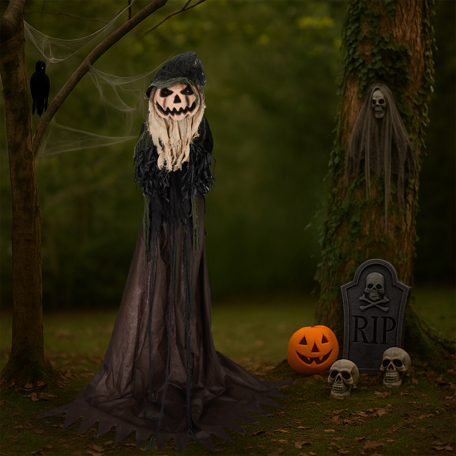5.7ft Halloween Decorations Outdoor Life Size Animatronics Wizard With Pumpkin Face,Sound-Actived Party Decor With Creepy Sound ,Scary Haunted House Props For Garden Yard Lawn photo 1